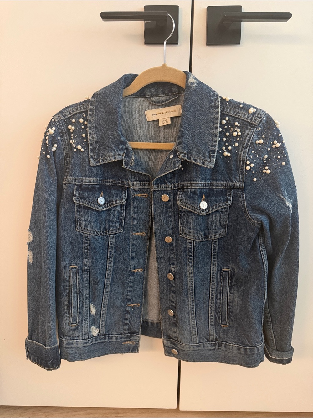 Pilcro Pearl-Embellished Blue Denim Jacket